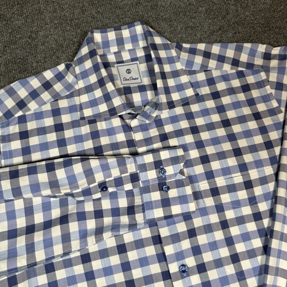 David Donahue Dress Shirt Plaid Long Sleeve Button Up Mens Size Large Blue/White
